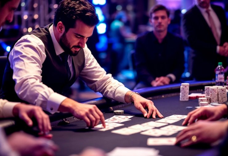 Antarmuka meja bandar poker langsung dengan opsi taruhan dan live chat dealer